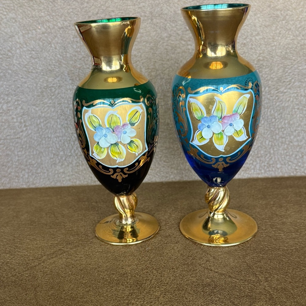 Vintage Venetian Glass Vase Emerald Green Blue Enamel Flowers Gold Accents Set